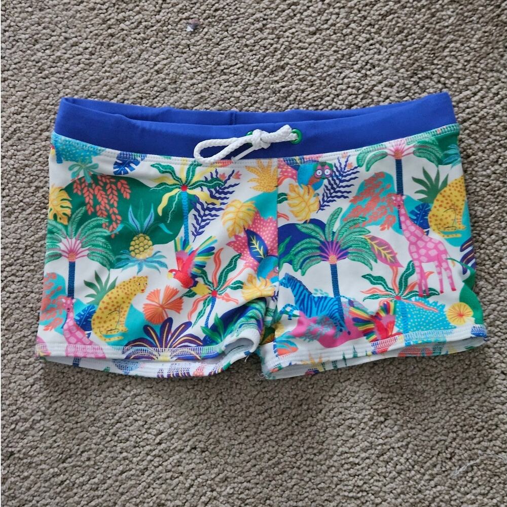 Mini Boden Jungle Animal Swim Trunks | Boys 4-5Y 110 | Tropical Zebra Giraffe
